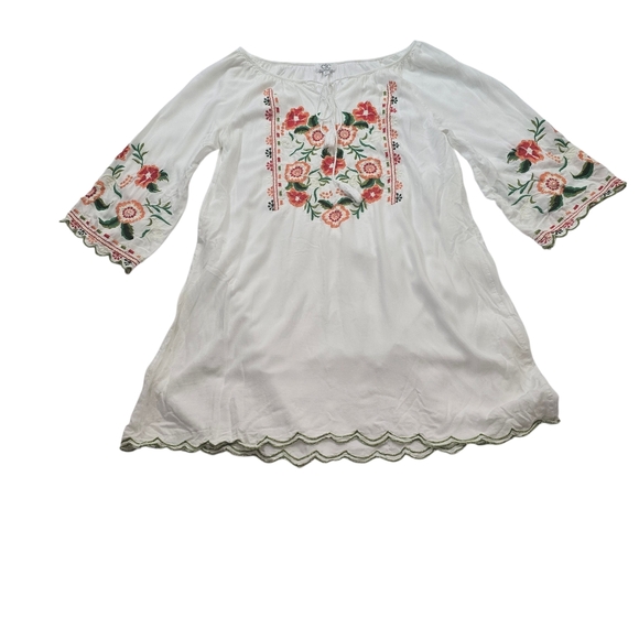 Chic Connection White Embroidered Floral Tunic Dress Bohemian Peasant Beachy M - Picture 4 of 14